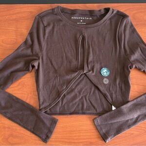 NWT Medium Aeropostale Brown Ribbed Crop Twist Front Long Sleeve Shirt